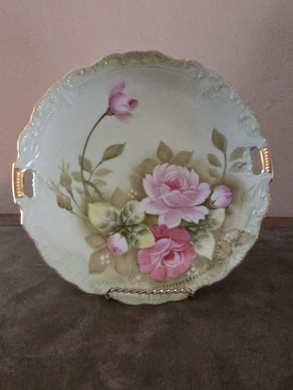 VTG LEFTON PORCELAIN 2 HANDLED CAKE PLATE 9" HERITAGE GREEN